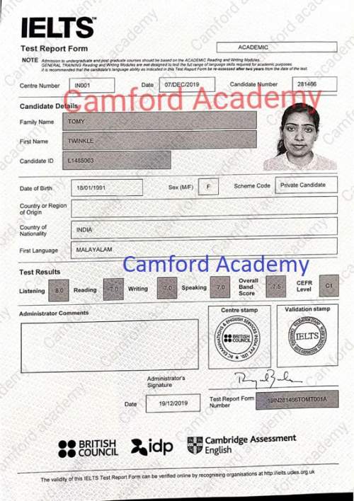 IELTS India - twinkle tomy scores 7.5 in her IELTS Acdemic module. Camford IELTS Kerala.
